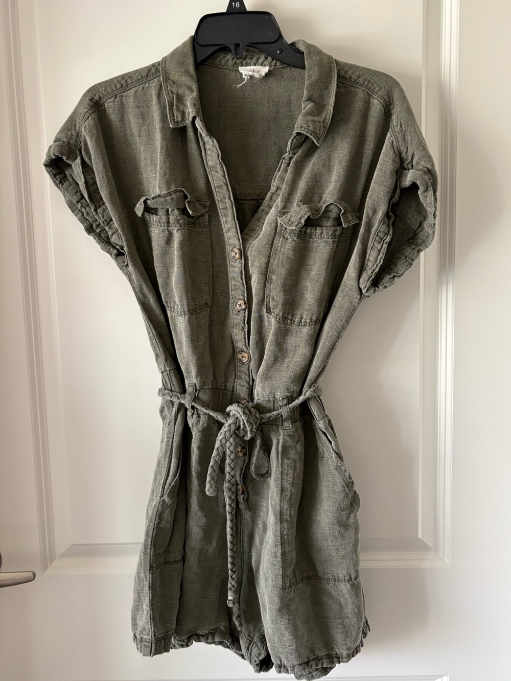 Olive Green Button-Front Romper with Braided Tie